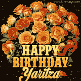 Animated bouquet of orange roses with moving butterfles and golden 'Happy Birthday Yaritza' text, surrounded by sparkling accents and a dark backdrop for a luxurious feel.