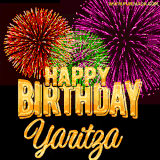 A golden 'Happy Birthday Yaritza' message with vibrant fireworks in the background, creating a festive and celebratory vibe in this animated name GIF.