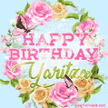 A charming animated GIF featuring 'Happy Birthday Yaritza' in pink and green text, surrounded by delicate roses, leaves, and fluttering butterflies on a soft light blue pastel background.