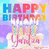 A vibrant animated name GIF with the words 'Happy Birthday Yaritza' with colorful candles on a creamy cake. The background sparkles with pastel shades, adding a festive touch.