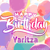 A vibrant name GIF featuring colorful balloons in shades of pink, orange, and yellow with the bold text 'Happy Birthday Yaritza' in festive fonts, creating a lively birthday vibe.