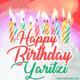 Bright birthday candles with rainbow flames on a cake, alongside the text 'Happy Birthday Yaritzi' in vibrant script in this celebratory animated GIF.