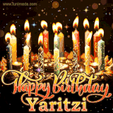 A glowing personalized birthday GIF with name Yaritzi featuring lit candles with intricate designs, warm lighting, and the text 'Happy Birthday' in an elegant font.