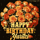 Animated bouquet of orange roses with moving butterfles and golden 'Happy Birthday Yaritzi' text, surrounded by sparkling accents and a dark backdrop for a luxurious feel.