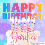 A vibrant animated name GIF with the words 'Happy Birthday Yaritzi' with colorful candles on a creamy cake. The background sparkles with pastel shades, adding a festive touch.