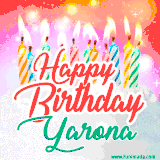 Bright birthday candles with rainbow flames on a cake, alongside the text 'Happy Birthday Yarona' in vibrant script in this celebratory animated GIF.
