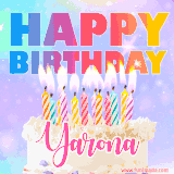 A vibrant animated name GIF with the words 'Happy Birthday Yarona' with colorful candles on a creamy cake. The background sparkles with pastel shades, adding a festive touch.