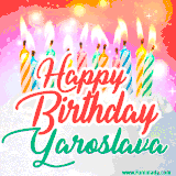 Bright birthday candles with rainbow flames on a cake, alongside the text 'Happy Birthday Yaroslava' in vibrant script in this celebratory animated GIF.