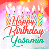 Bright birthday candles with rainbow flames on a cake, alongside the text 'Happy Birthday Yasamin' in vibrant script in this celebratory animated GIF.