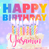 A vibrant animated name GIF with the words 'Happy Birthday Yasamin' with colorful candles on a creamy cake. The background sparkles with pastel shades, adding a festive touch.