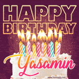 A colorful birthday cake topped with lit candles, with the words 'Happy Birthday Yasamin' in bold glowing letters on a burgundy background. Animated flames add a festive touch.