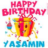 A vibrant and funny gift box character with a happy face dancing with a cupcake and the text 'Happy Birthday Yasamin,' surrounded by animated confetti and party vibes.