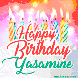 Bright birthday candles with rainbow flames on a cake, alongside the text 'Happy Birthday Yasamine' in vibrant script in this celebratory animated GIF.