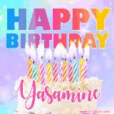A vibrant animated name GIF with the words 'Happy Birthday Yasamine' with colorful candles on a creamy cake. The background sparkles with pastel shades, adding a festive touch.