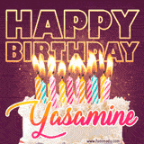 A colorful birthday cake topped with lit candles, with the words 'Happy Birthday Yasamine' in bold glowing letters on a burgundy background. Animated flames add a festive touch.