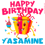 A vibrant and funny gift box character with a happy face dancing with a cupcake and the text 'Happy Birthday Yasamine,' surrounded by animated confetti and party vibes.