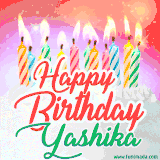 Bright birthday candles with rainbow flames on a cake, alongside the text 'Happy Birthday Yashika' in vibrant script in this celebratory animated GIF.