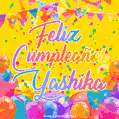 A bright and festive GIF with the text 'Feliz Cumpleaños Yashika' in Spanish in colorful fonts, surrounded by confetti, balloons, and festive banners on a vibrant yellow background.
