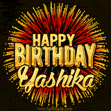 Golden 'Happy Birthday Yashika' text accompanied by animated rainbow fireworks for a festive animated greeting.