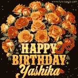 Animated bouquet of orange roses with moving butterfles and golden 'Happy Birthday Yashika' text, surrounded by sparkling accents and a dark backdrop for a luxurious feel.
