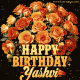 Animated bouquet of orange roses with moving butterfles and golden 'Happy Birthday Yashvi' text, surrounded by sparkling accents and a dark backdrop for a luxurious feel.