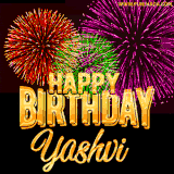 A golden 'Happy Birthday Yashvi' message with vibrant fireworks in the background, creating a festive and celebratory vibe in this animated name GIF.
