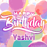 A vibrant name GIF featuring colorful balloons in shades of pink, orange, and yellow with the bold text 'Happy Birthday Yashvi' in festive fonts, creating a lively birthday vibe.