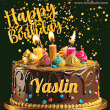 A delightful chocolate birthday cake with bright candles and 'Happy Birthday Yaslin' written in gold amidst a shower of animated stars.