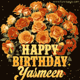 Animated bouquet of orange roses with moving butterfles and golden 'Happy Birthday Yasmeen' text, surrounded by sparkling accents and a dark backdrop for a luxurious feel.