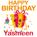 A vibrant and funny gift box character with a happy face dancing with a cupcake and the text 'Happy Birthday Yasmeen,' surrounded by animated confetti and party vibes.