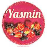 Beautifully decorated red velvet berry birthday cake with vibrant fruits and a glowing 'Yasmin' name, adding a touch of sweetness and sparkle.