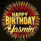 Golden 'Happy Birthday Yasmin' text accompanied by animated rainbow fireworks for a festive animated greeting.