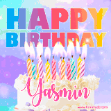 A vibrant animated name GIF with the words 'Happy Birthday Yasmin' with colorful candles on a creamy cake. The background sparkles with pastel shades, adding a festive touch.