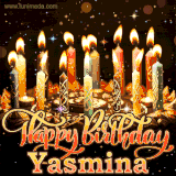 A glowing personalized birthday GIF with name Yasmina featuring lit candles with intricate designs, warm lighting, and the text 'Happy Birthday' in an elegant font.