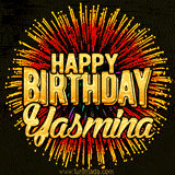 Golden 'Happy Birthday Yasmina' text accompanied by animated rainbow fireworks for a festive animated greeting.