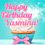 A festive cupcake with pink icing, a gingham bow, and a lit animated sparkler, paired with 'Happy Birthday Yasmina!' in bright pink text.