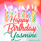 Bright birthday candles with rainbow flames on a cake, alongside the text 'Happy Birthday Yasmine' in vibrant script in this celebratory animated GIF.
