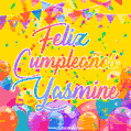 A bright and festive GIF with the text 'Feliz Cumpleaños Yasmine' in Spanish in colorful fonts, surrounded by confetti, balloons, and festive banners on a vibrant yellow background.