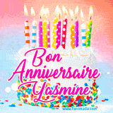 A white birthday cake covered in colorful sprinkles, topped with bright candles, and French text 'Bon Anniversaire Yasmine' on a pastel gradient background in an animated GIF.