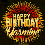 Golden 'Happy Birthday Yasmine' text accompanied by animated rainbow fireworks for a festive animated greeting.