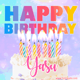 A vibrant animated name GIF with the words 'Happy Birthday Yasu' with colorful candles on a creamy cake. The background sparkles with pastel shades, adding a festive touch.