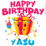 A vibrant and funny gift box character with a happy face dancing with a cupcake and the text 'Happy Birthday Yasu,' surrounded by animated confetti and party vibes.