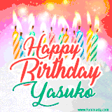 Bright birthday candles with rainbow flames on a cake, alongside the text 'Happy Birthday Yasuko' in vibrant script in this celebratory animated GIF.