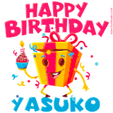 A vibrant and funny gift box character with a happy face dancing with a cupcake and the text 'Happy Birthday Yasuko,' surrounded by animated confetti and party vibes.