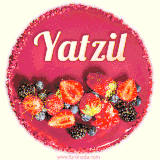 Beautifully decorated red velvet berry birthday cake with vibrant fruits and a glowing 'Yatzil' name, adding a touch of sweetness and sparkle.