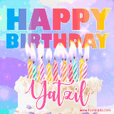 A vibrant animated name GIF with the words 'Happy Birthday Yatzil' with colorful candles on a creamy cake. The background sparkles with pastel shades, adding a festive touch.