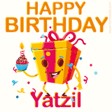 A vibrant and funny gift box character with a happy face dancing with a cupcake and the text 'Happy Birthday Yatzil,' surrounded by animated confetti and party vibes.