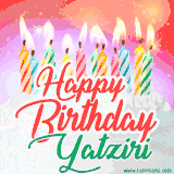 Bright birthday candles with rainbow flames on a cake, alongside the text 'Happy Birthday Yatziri' in vibrant script in this celebratory animated GIF.