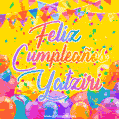 A bright and festive GIF with the text 'Feliz Cumpleaños Yatziri' in Spanish in colorful fonts, surrounded by confetti, balloons, and festive banners on a vibrant yellow background.