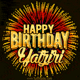 Golden 'Happy Birthday Yatziri' text accompanied by animated rainbow fireworks for a festive animated greeting.
